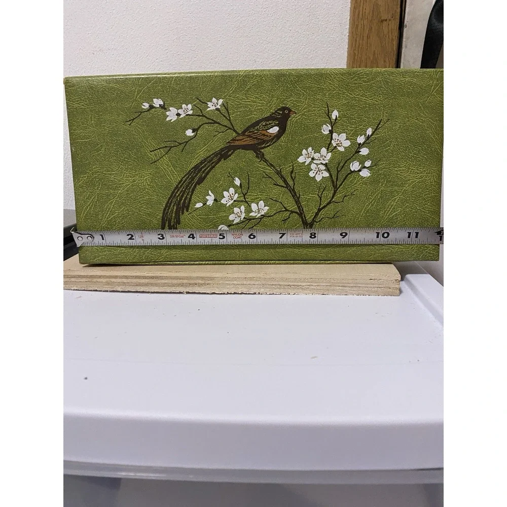 Vintage Value Village Green Make Up Storage Box With Bird And Flowers
